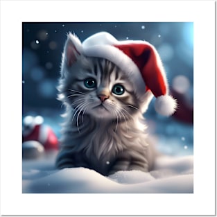 Kitten with Christmas Hat Posters and Art